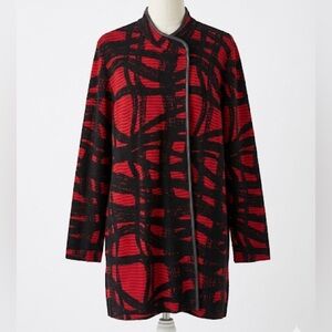 Ming Wang Red & Black Abstract Knit Statement Jacket Faux Leather Trim Size L